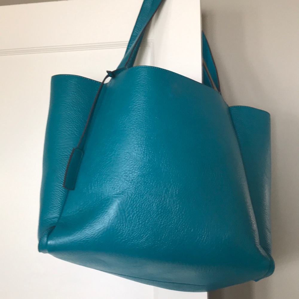 Large teal tote vegan leather